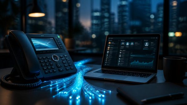 VoIP desk phone and laptop with unified communications dashboard, glowing fiber-optic cables on a modern office desk at dusk
