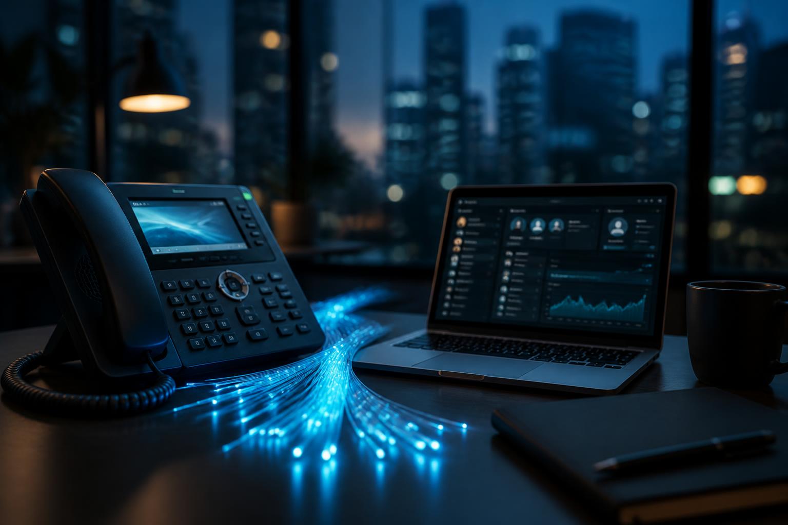 VoIP desk phone and laptop with unified communications dashboard, glowing fiber-optic cables on a modern office desk at dusk